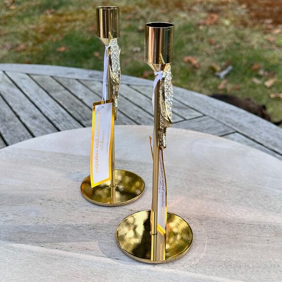 NEW Cupcakes and Cashmere Rhinestone Gold Bow Taper Candle Holders Set of 2 - Picture 8 of 10